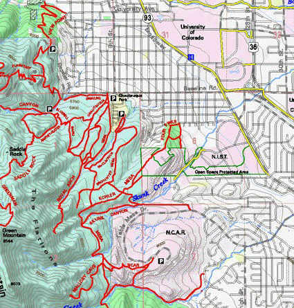 Trails SW of downtown, including Chautauqua/Flatirons