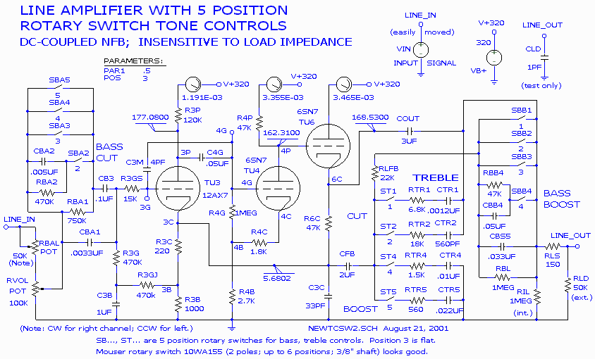 Line amplifier with rotary switch tone controls