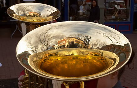 Pearl Street reflected in tubas